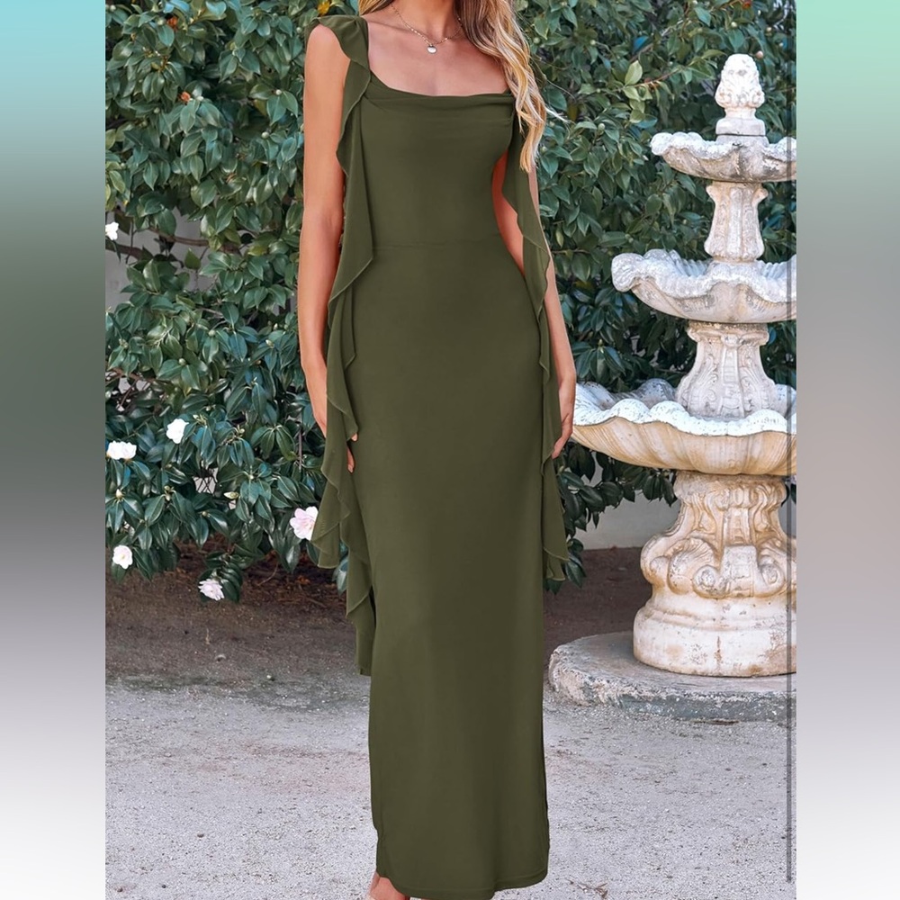 Elegant Olive Green Sleeveless Dress